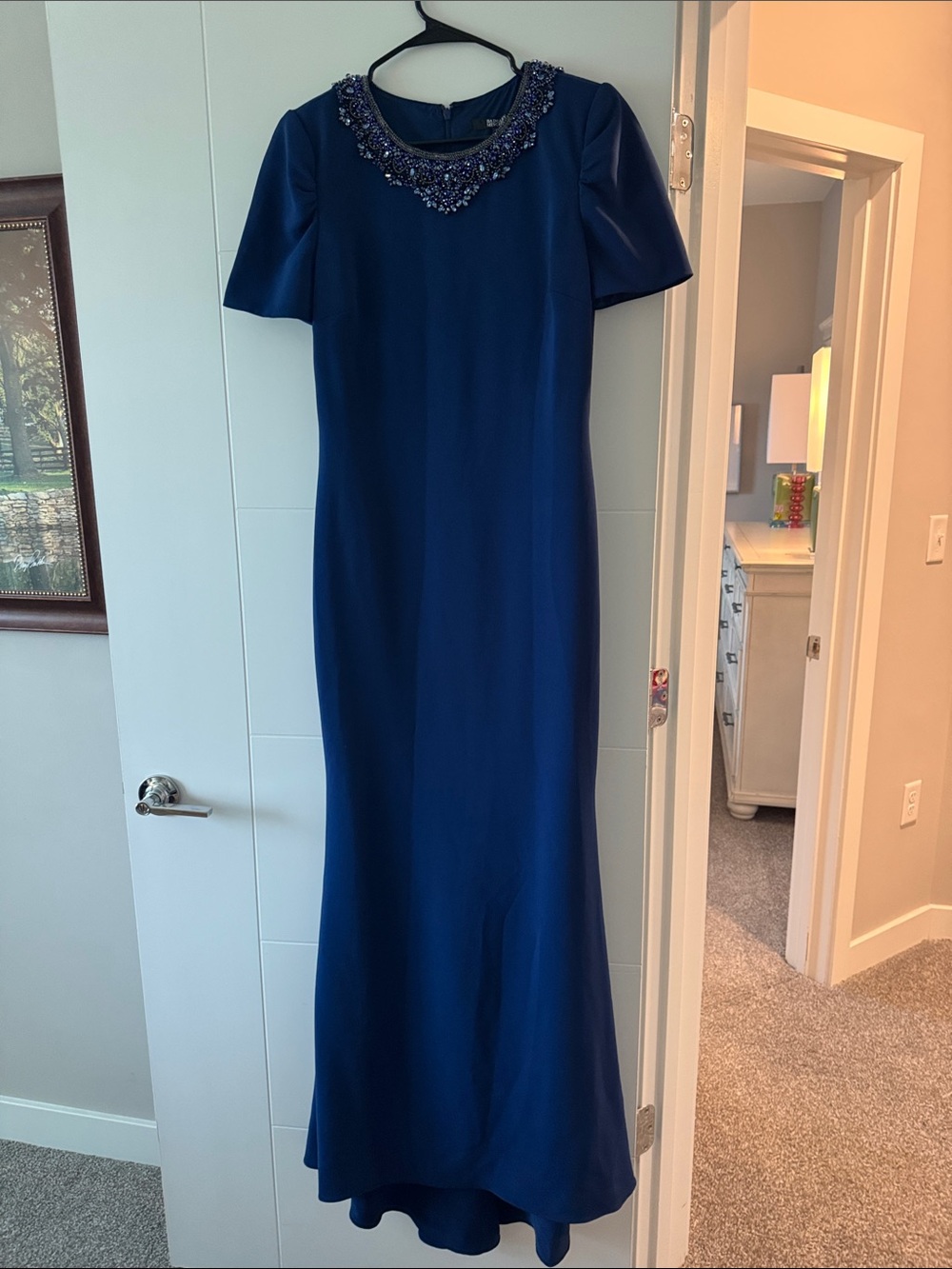 Badgley Mischka Navy Beaded-Neck Evening Gown